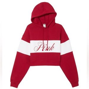 PINK Red and white cropped hooded sweatshirt